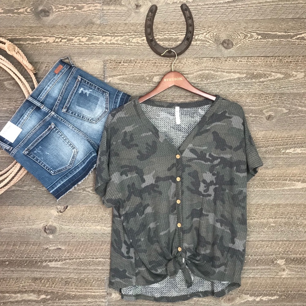 Waffle camo button down top